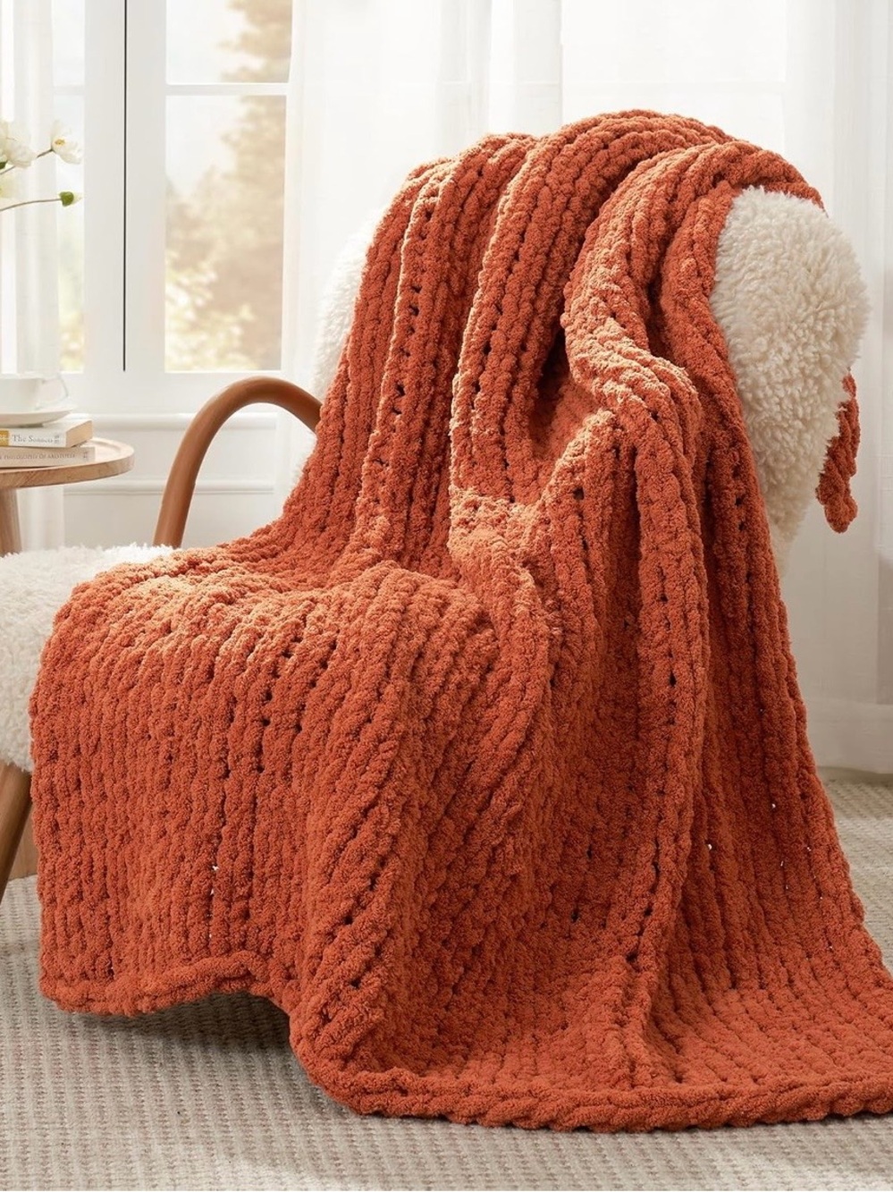 Chunky Knit Chenille Crochet Throw Blanket - Rust Orange